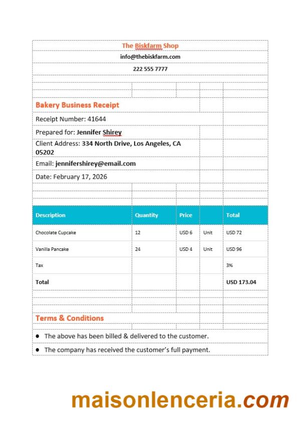 Szablon faktury biznesowej piekarni w formatach Word i PDF
